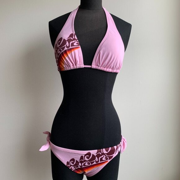 Billabong BLUE CRUSH era Vintage bikini pink print halter top set RARE - Picture 2 of 6